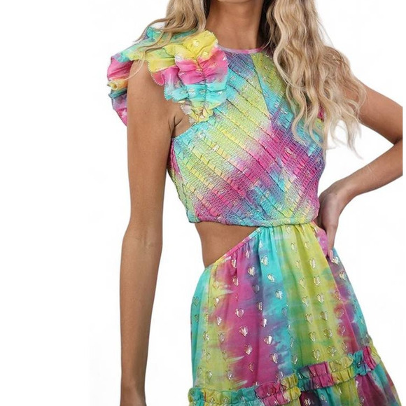 SAYLOR LEILANIE Smocked Cutout Back Mini Dress Rainbow Tie Die Aline Medium NEW - Picture 5 of 6